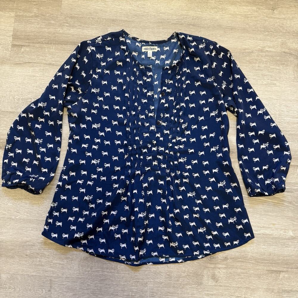 Oat & Fawn Women's Med NAVY w/ Pug Dog Print 3/4 Sleeve 1/2 Button Blouse Top